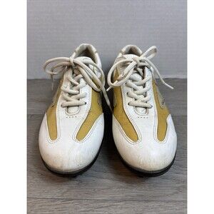 Ecco Woman’s Golf Shoes Size 7.5 (38) White W/ Gold Sides Rubber Spikes Leather